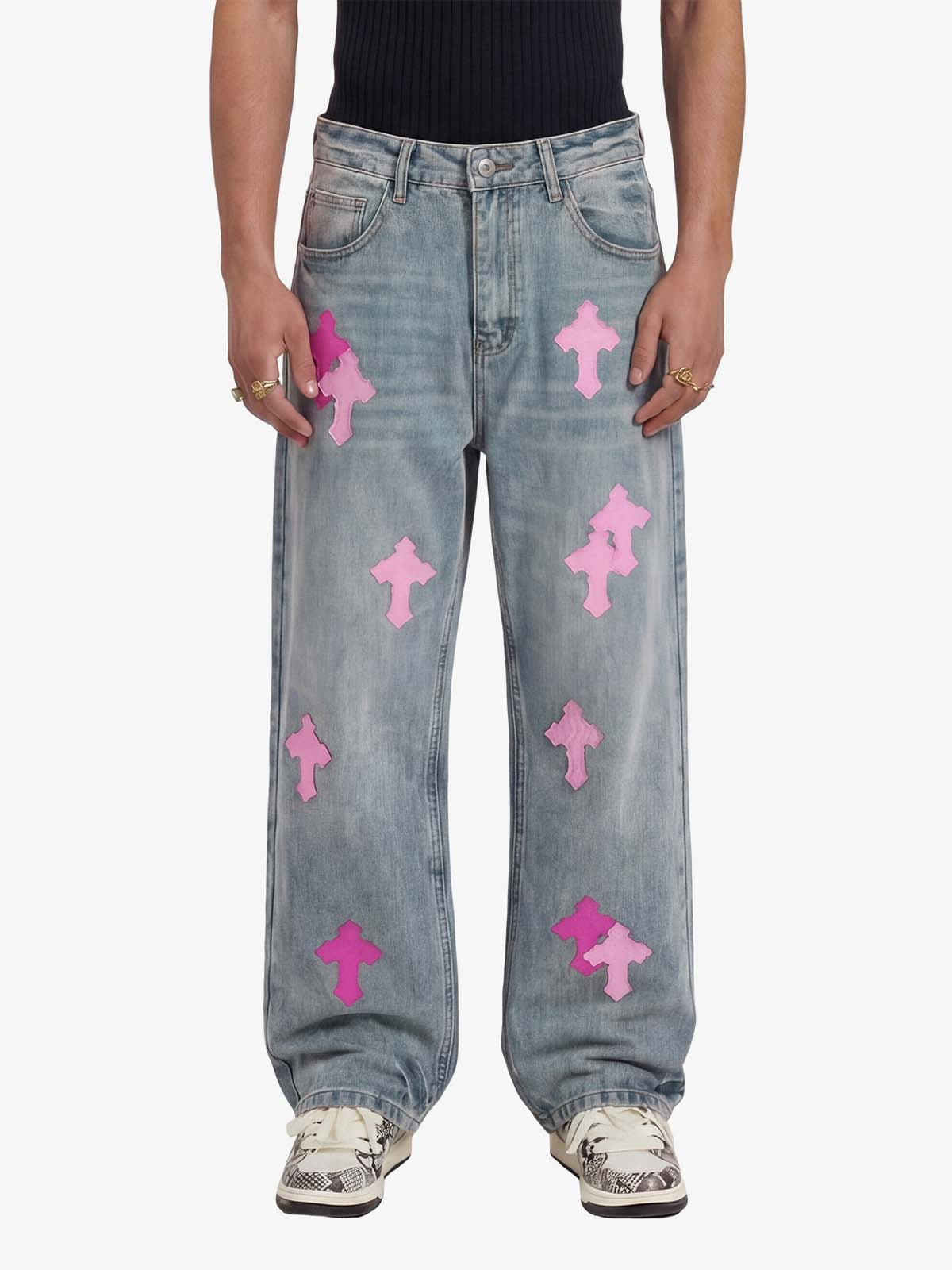 Vintage Washed Cross Patch Straight Leg Denim Jeans - 2605
