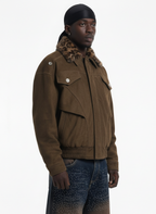 Retro Leopard Fur Collar Padded Bomber Jacket