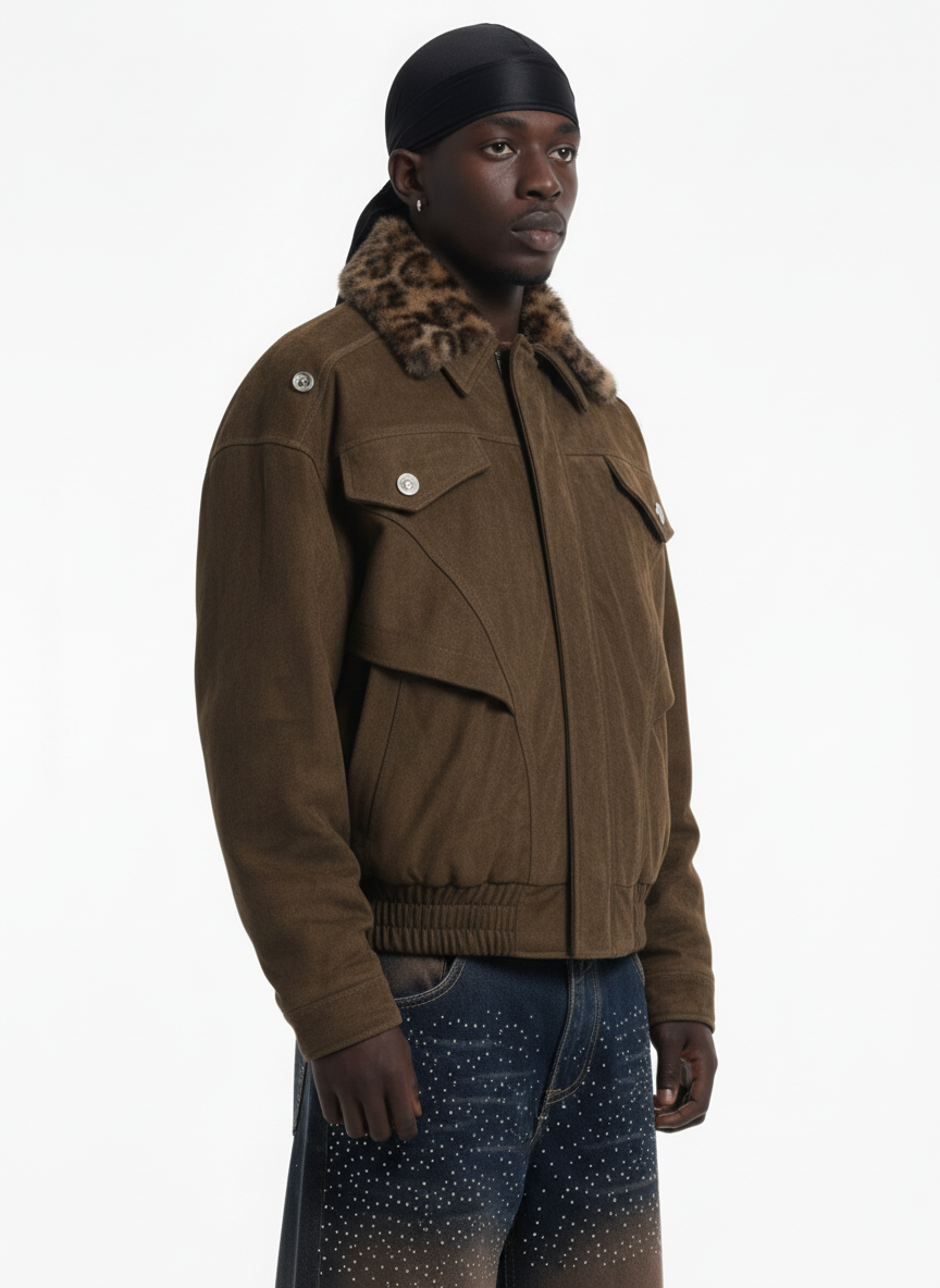 Retro Leopard Fur Collar Padded Bomber Jacket