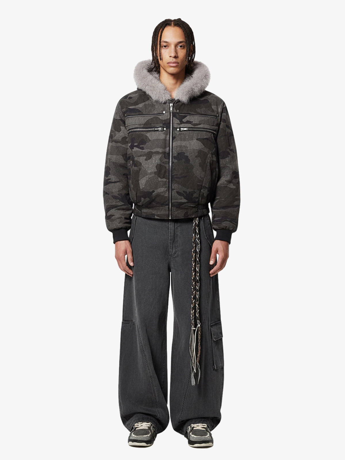 Vintage Camo Faux Fur Hood Padded Bomber Jacket