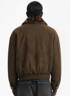 Retro Leopard Fur Collar Padded Bomber Jacket