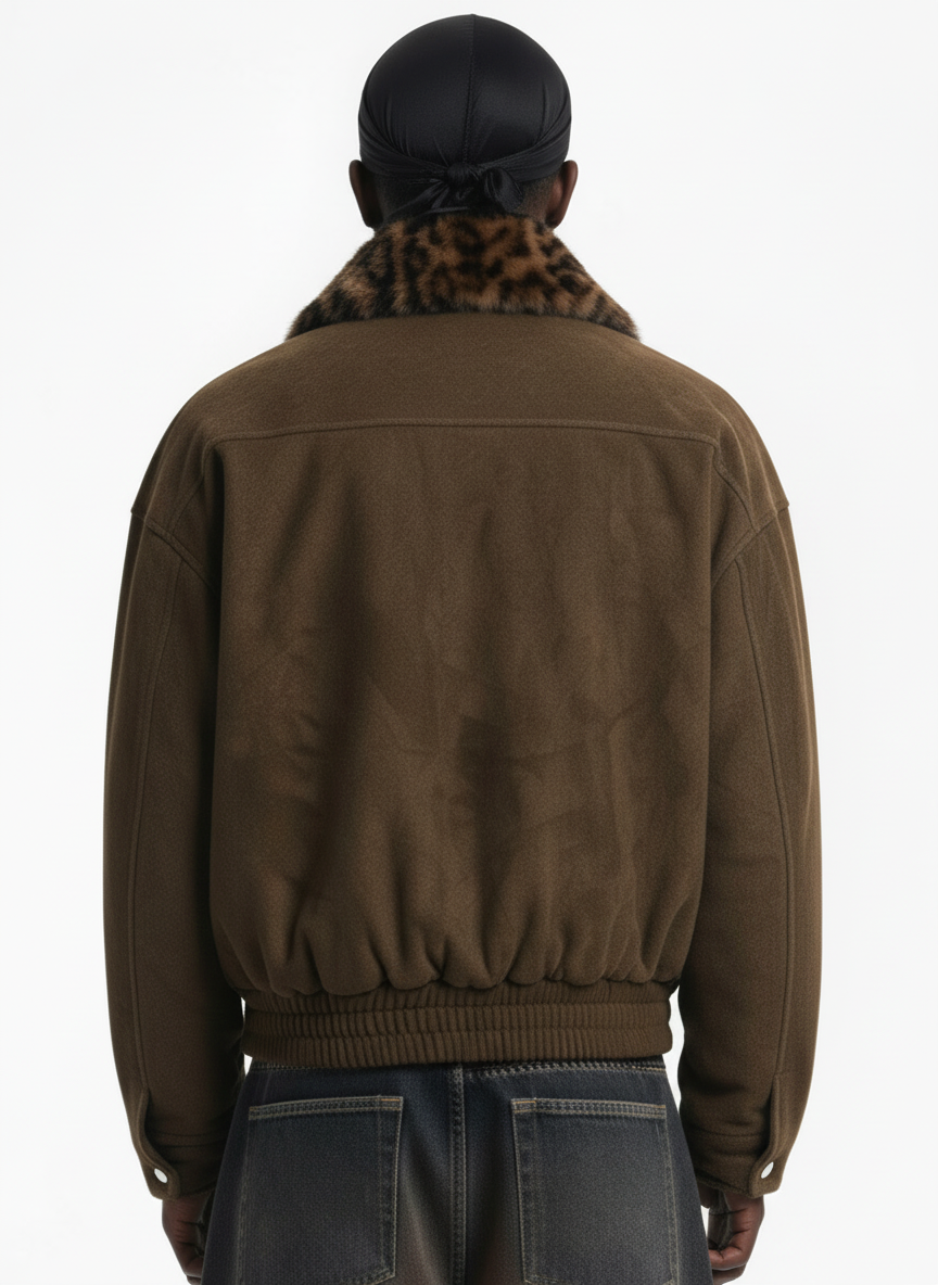 Retro Leopard Fur Collar Padded Bomber Jacket