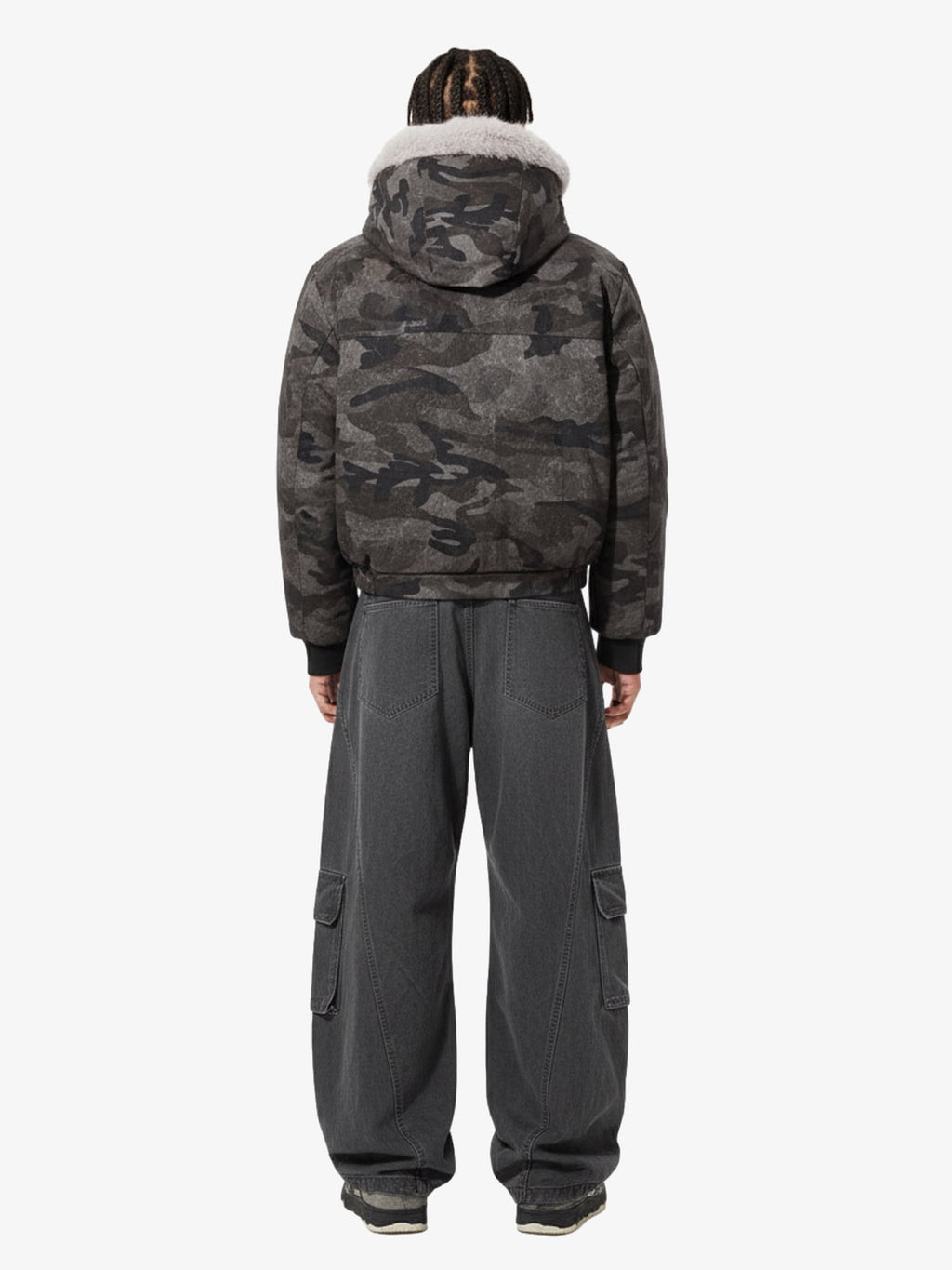 Vintage Camo Faux Fur Hood Padded Bomber Jacket