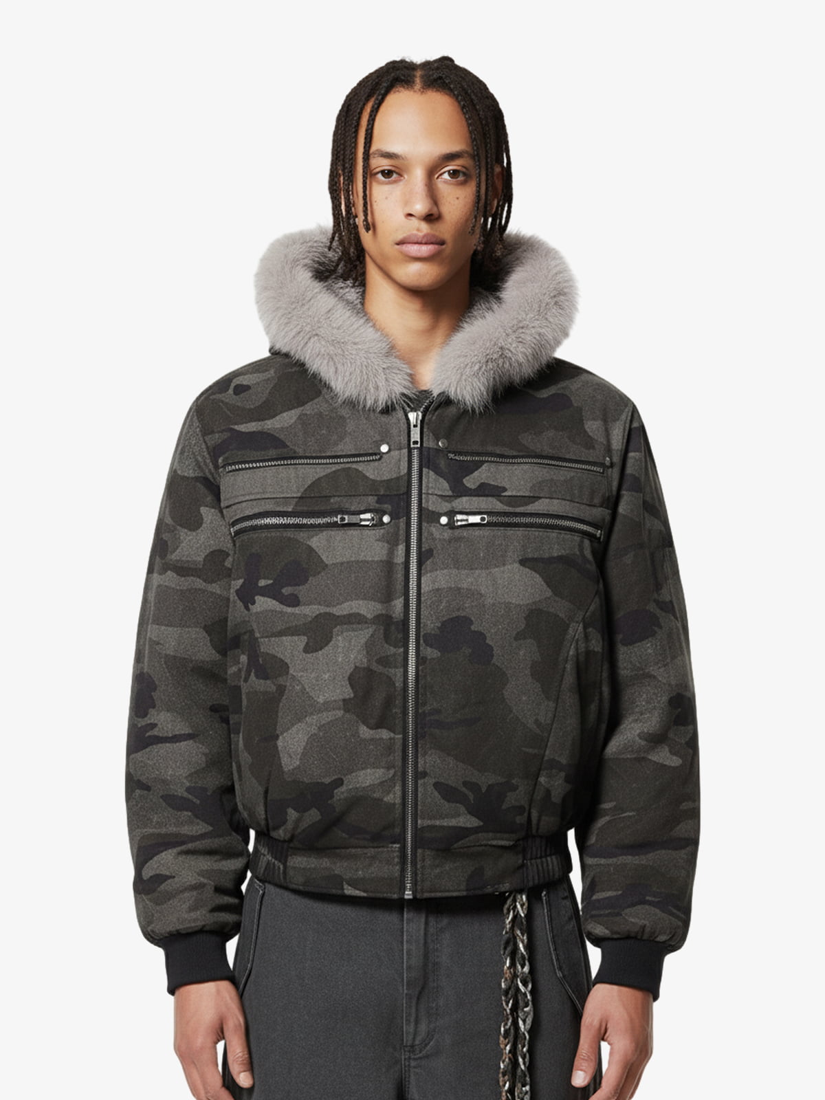 Vintage Camo Faux Fur Hood Padded Bomber Jacket