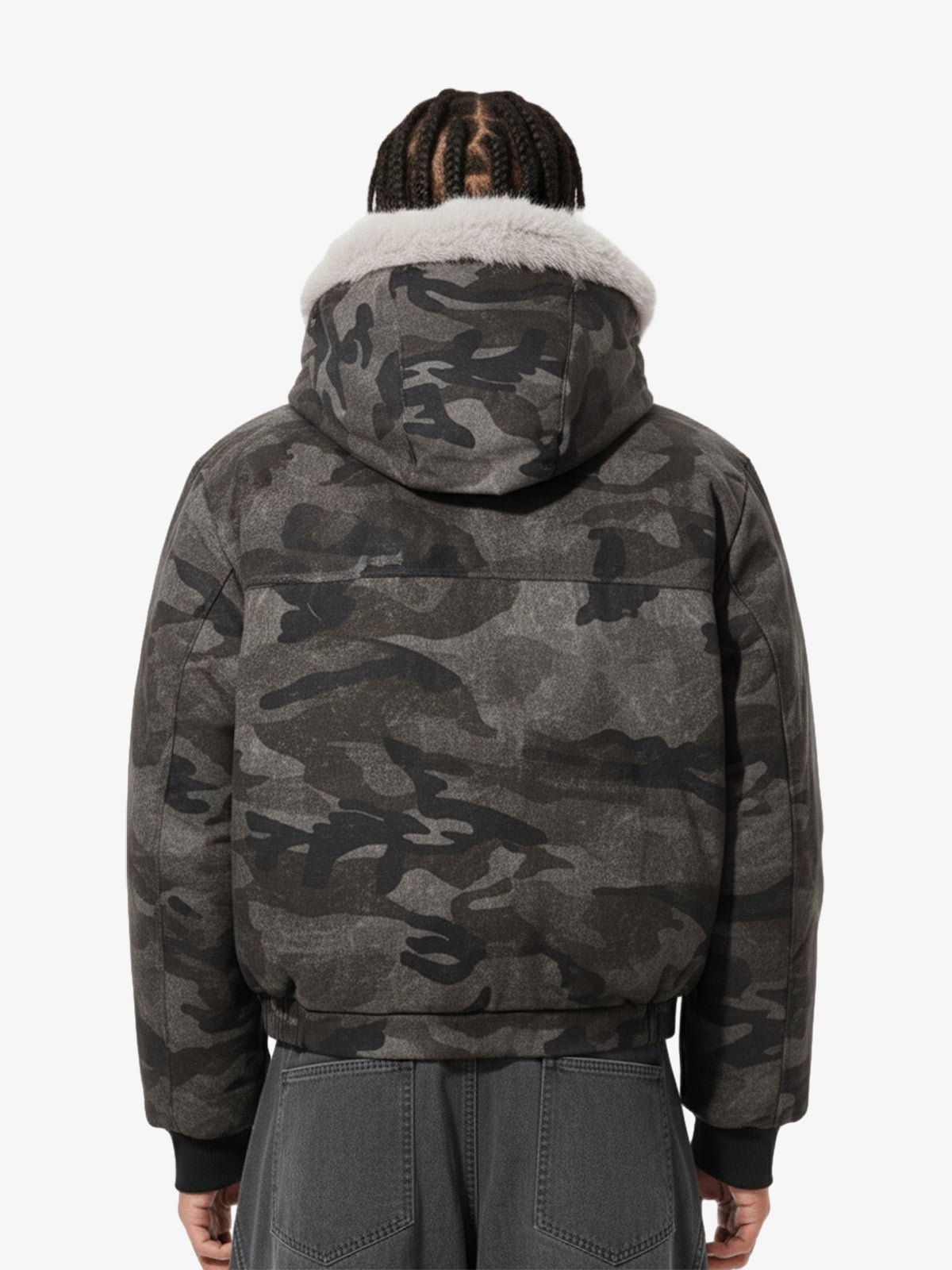 Vintage Camo Faux Fur Hood Padded Bomber Jacket