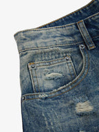 Vintage Wash Camo Cross Applique Distressed Straight Jeans