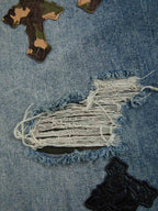 Vintage Wash Camo Cross Applique Distressed Straight Jeans
