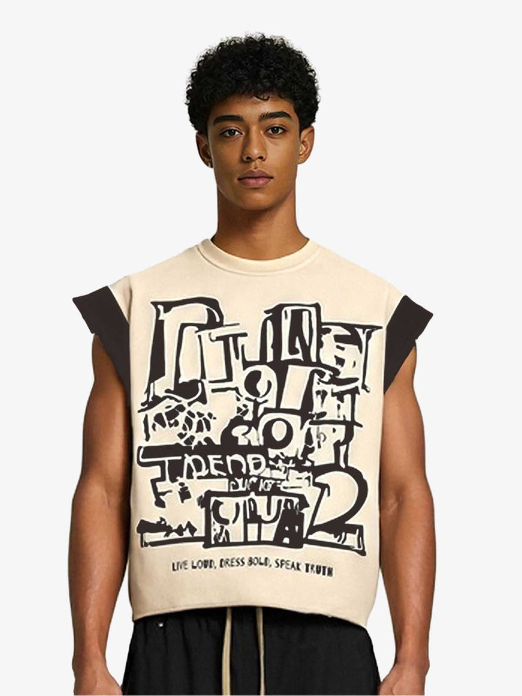 Graffiti Graphic Contrast Trim Raw Edge Sleeveless T-Shirt