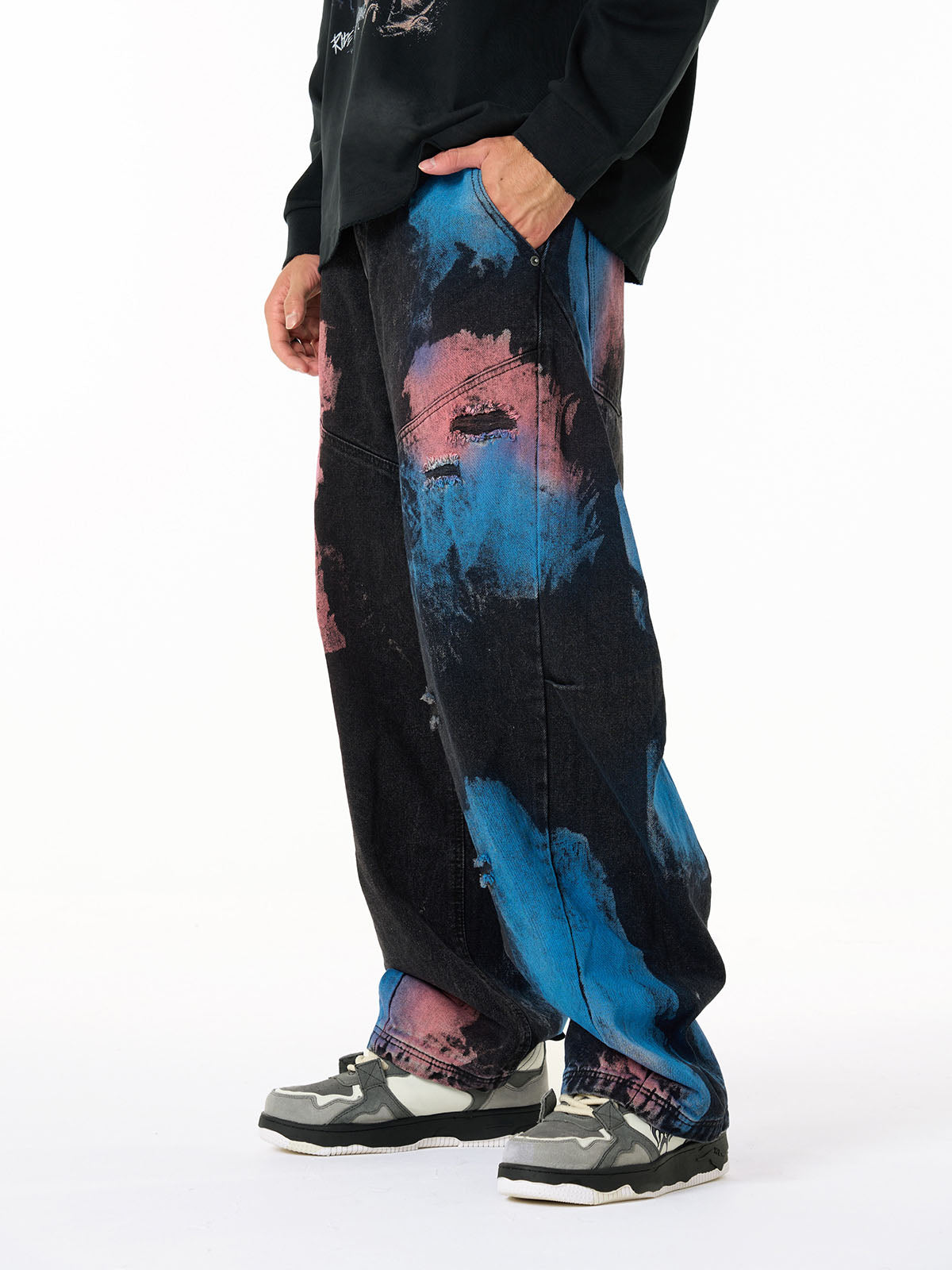 Vintage Tie-Dye Contrast Color Ripped Barrel Jeans