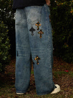 Vintage Wash Camo Cross Applique Distressed Straight Jeans