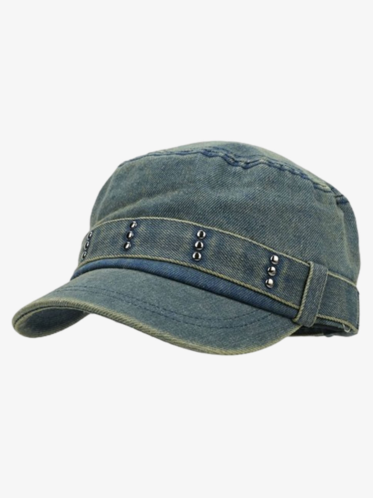 Distressed Stud Detail Cotton Flat Top Cap