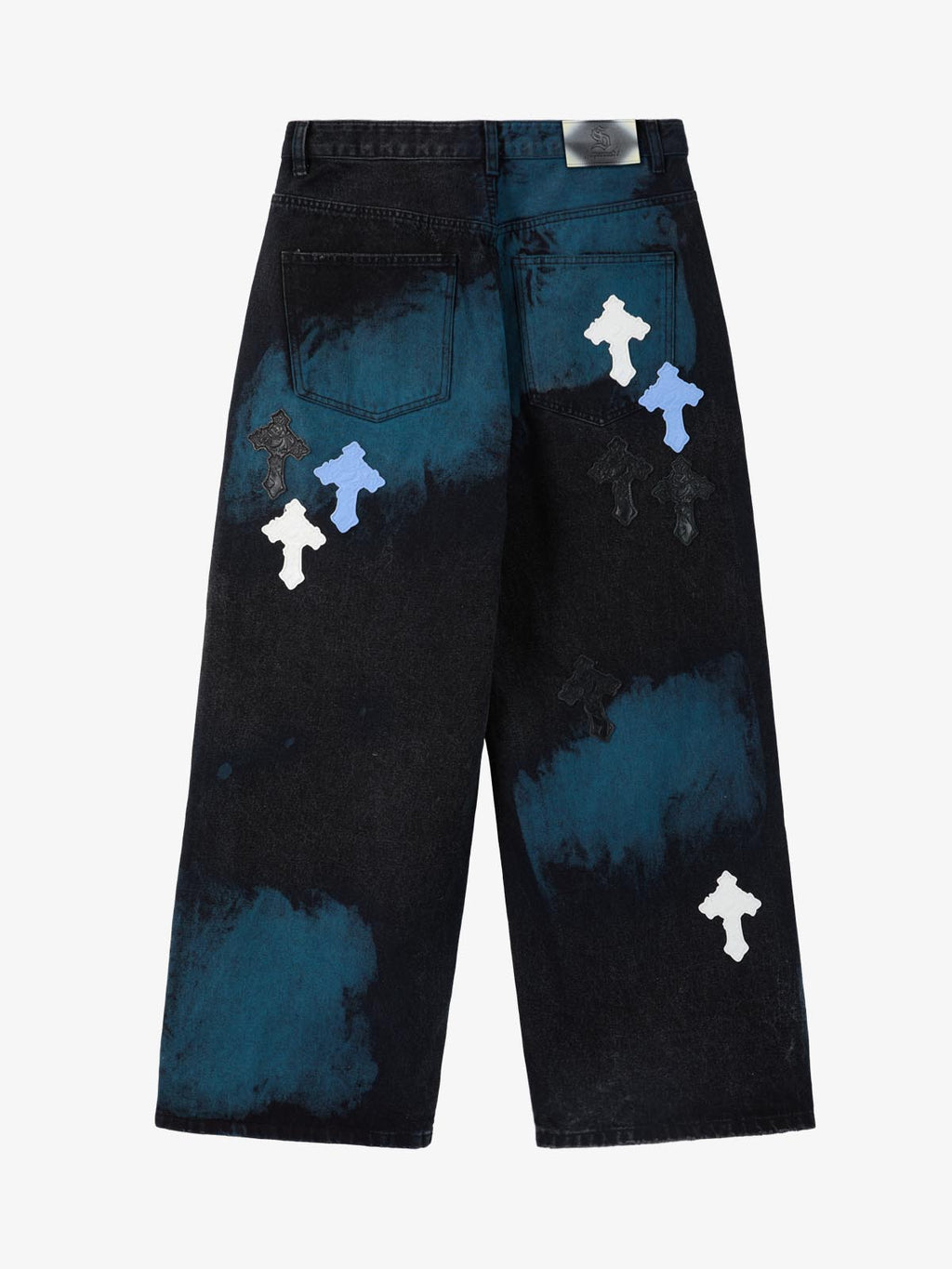 Smoke Fade Wash Cross Patch Baggy Denim Jeans