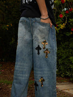 Vintage Wash Camo Cross Applique Distressed Straight Jeans