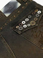 Washed Button Detail Wide Leg Pants
