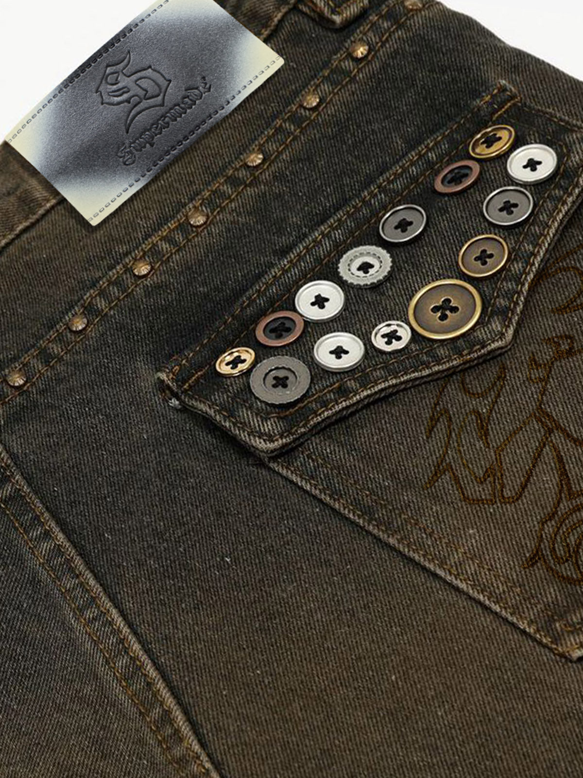 Washed Button Detail Wide Leg Pants