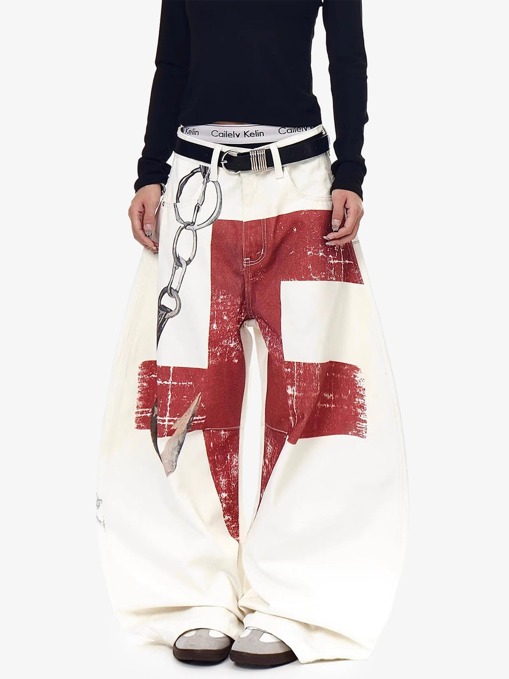 Vintage Distressed Chain Print Oversized Canvas Baggy Pants
