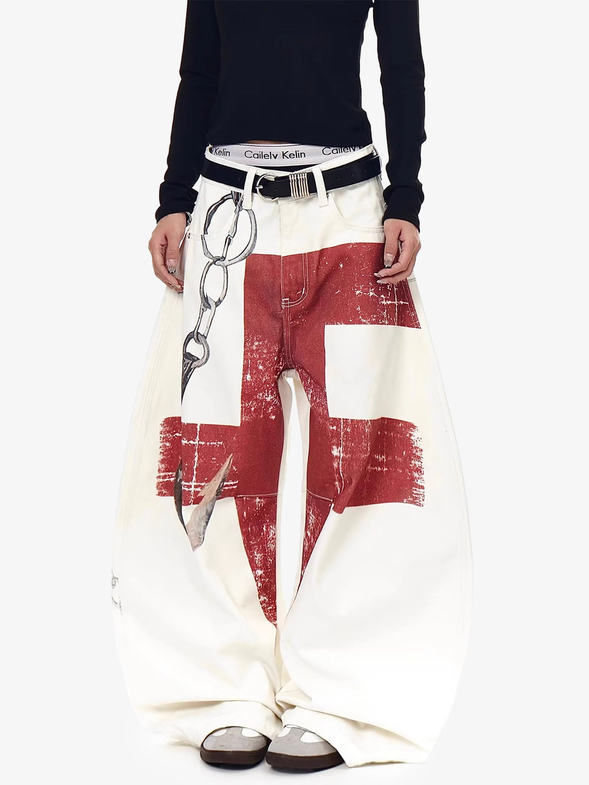 Vintage Distressed Chain Print Oversized Canvas Baggy Pants