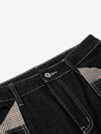 Vintage Plaid-Trim Tape-Belt Jeans