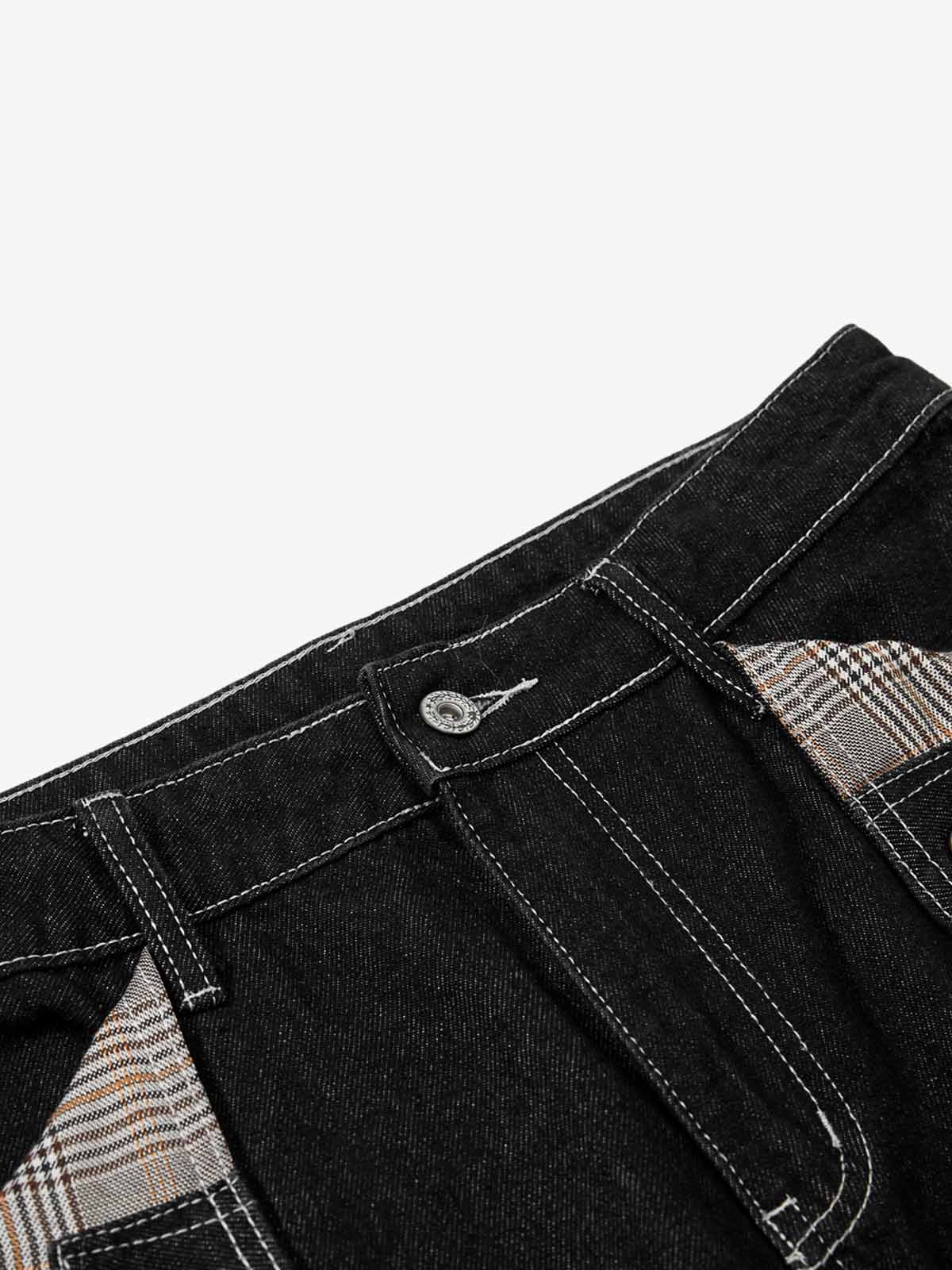 Vintage Plaid-Trim Tape-Belt Jeans