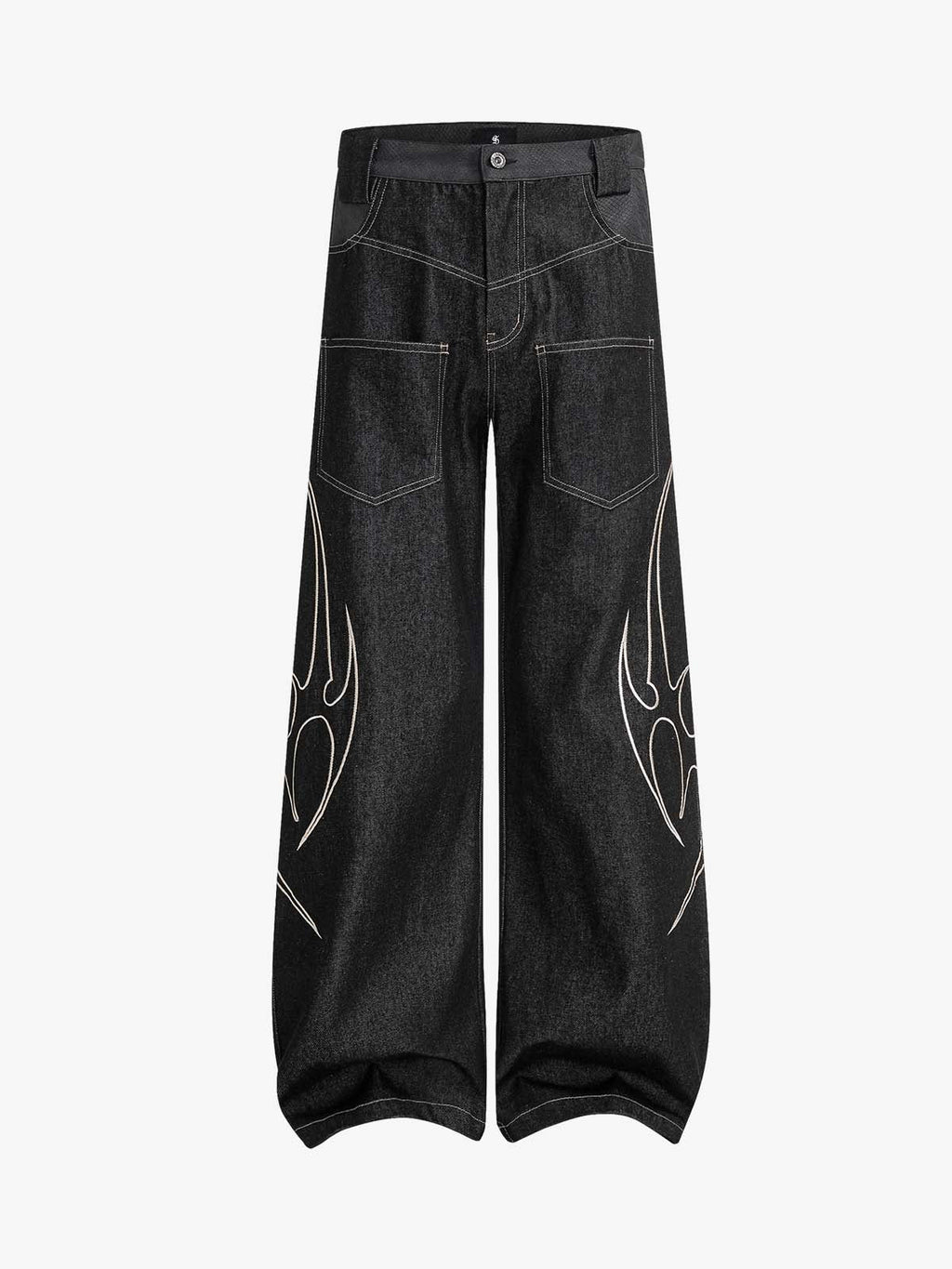 Flame Embroidered Wide Leg Washed Denim Jeans