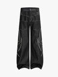 Flame Embroidered Wide Leg Washed Denim Jeans