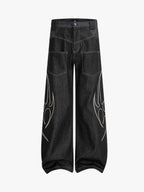Flame Embroidered Wide Leg Washed Denim Jeans
