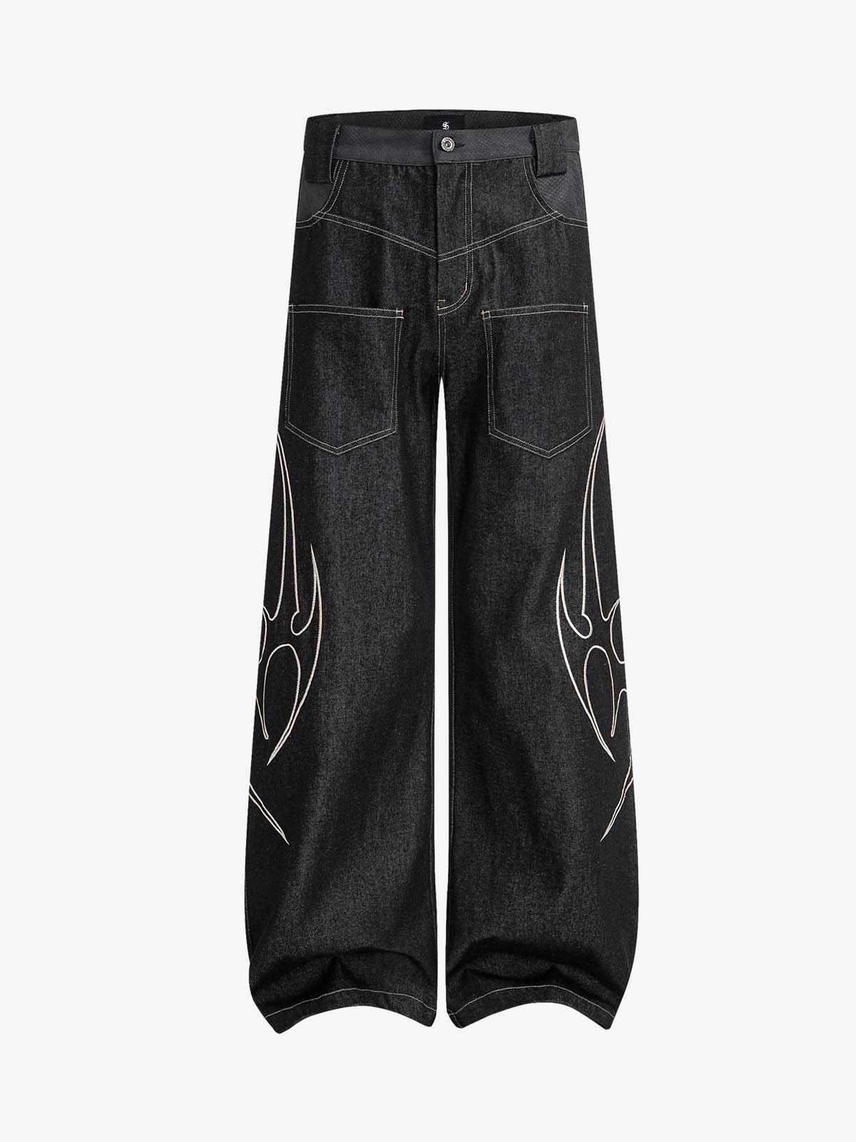 Flame Embroidered Wide Leg Washed Denim Jeans
