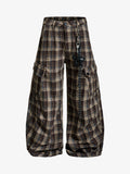 Vintage Plaid Pleated Multi-Pocket Cargo Casual Pants - 2524