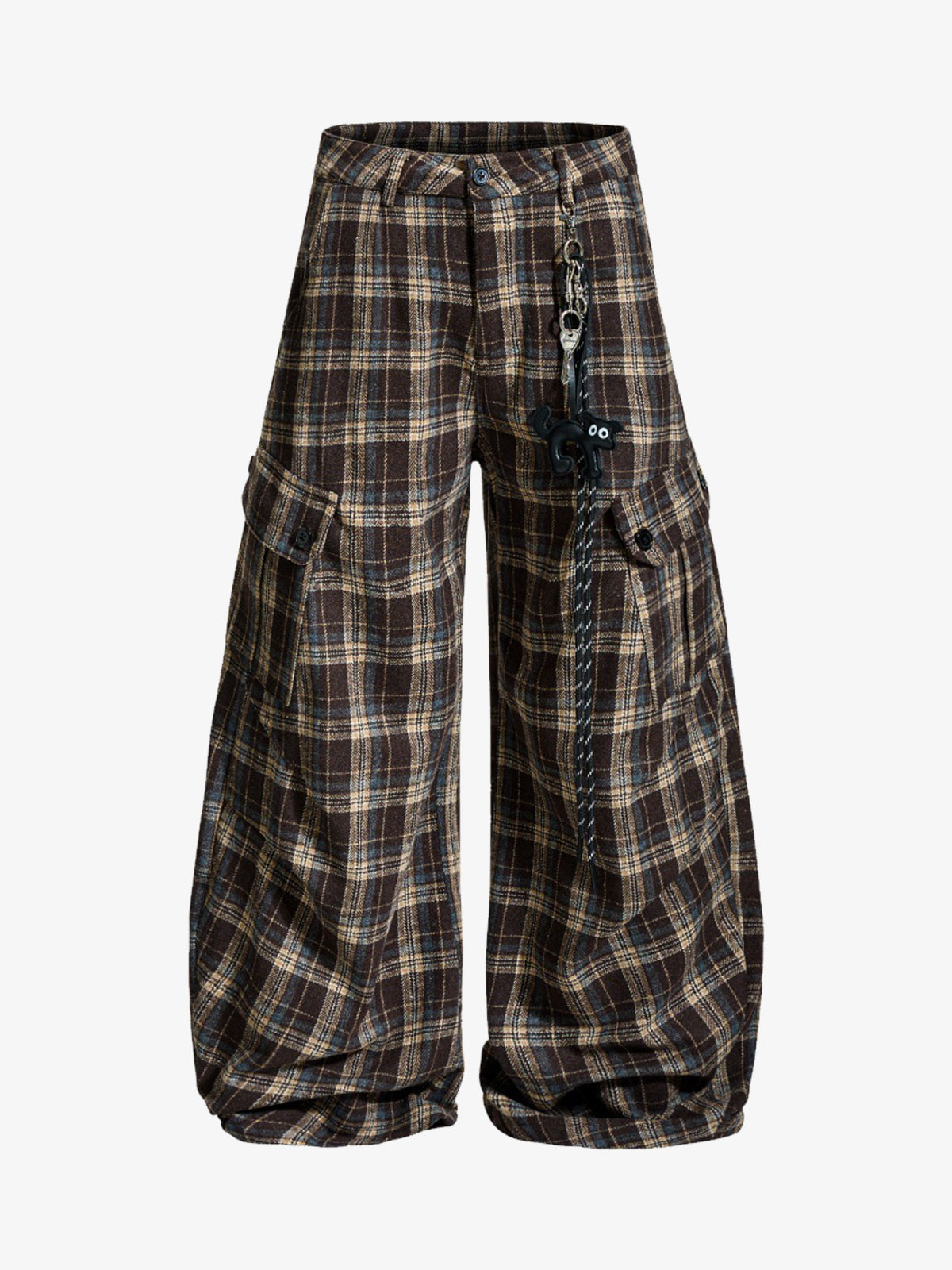 Vintage Plaid Pleated Multi-Pocket Cargo Casual Pants - 2524