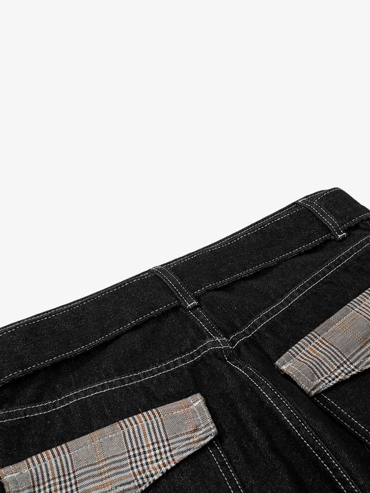 Vintage Plaid-Trim Tape-Belt Jeans
