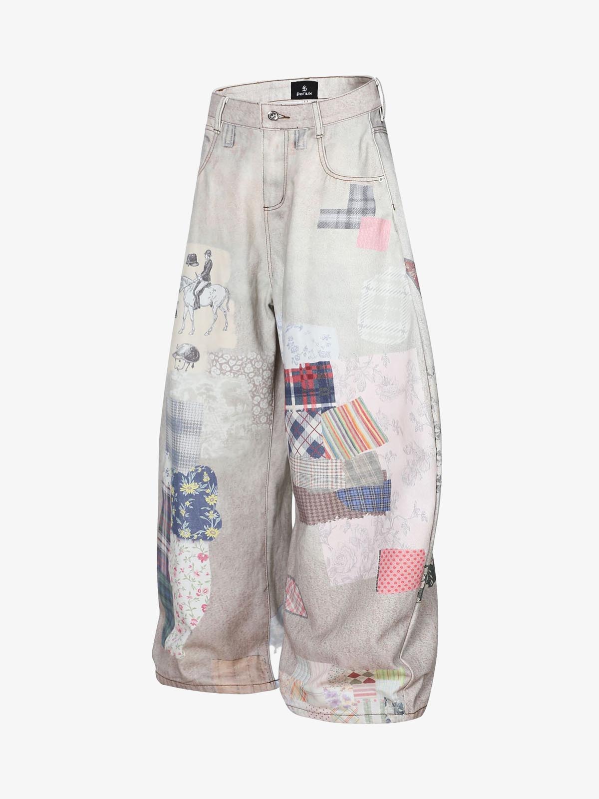 Vintage Wash Collage Print Curved Leg Denim Jeans