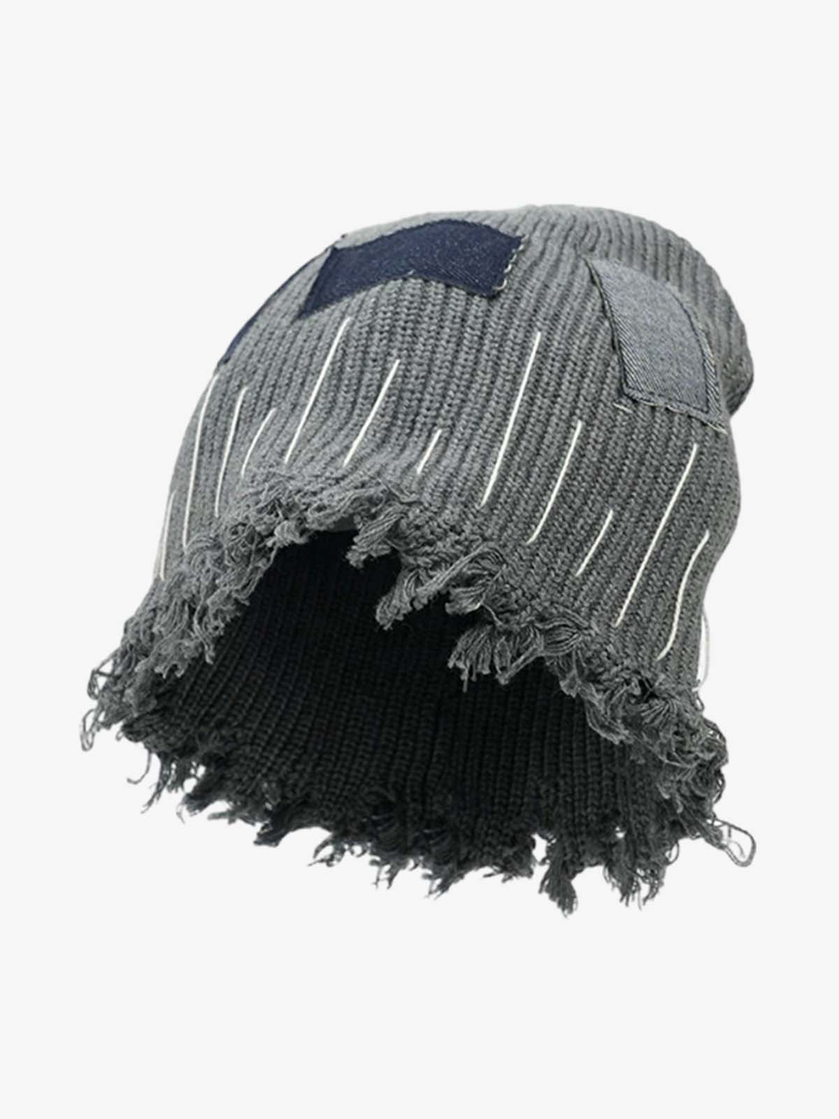 Distressed Denim Patchwork Beanie