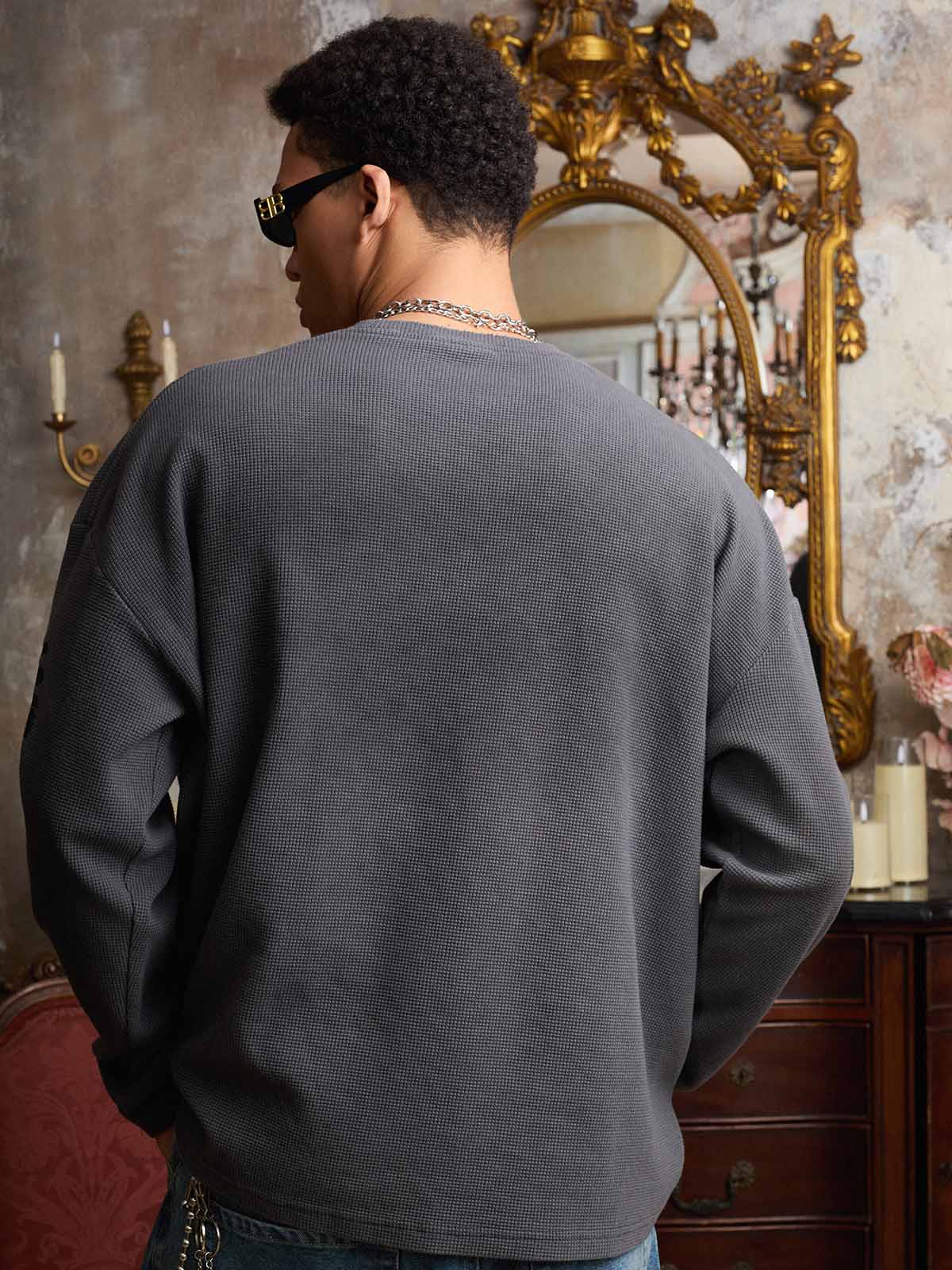 Waffle-Knit Distressed Gradient Print Long T-Shirt