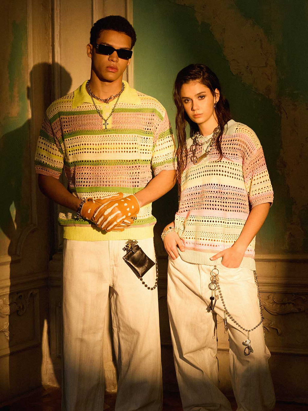 Pastel Striped Crochet Knit Short Sleeve Polo Shirt