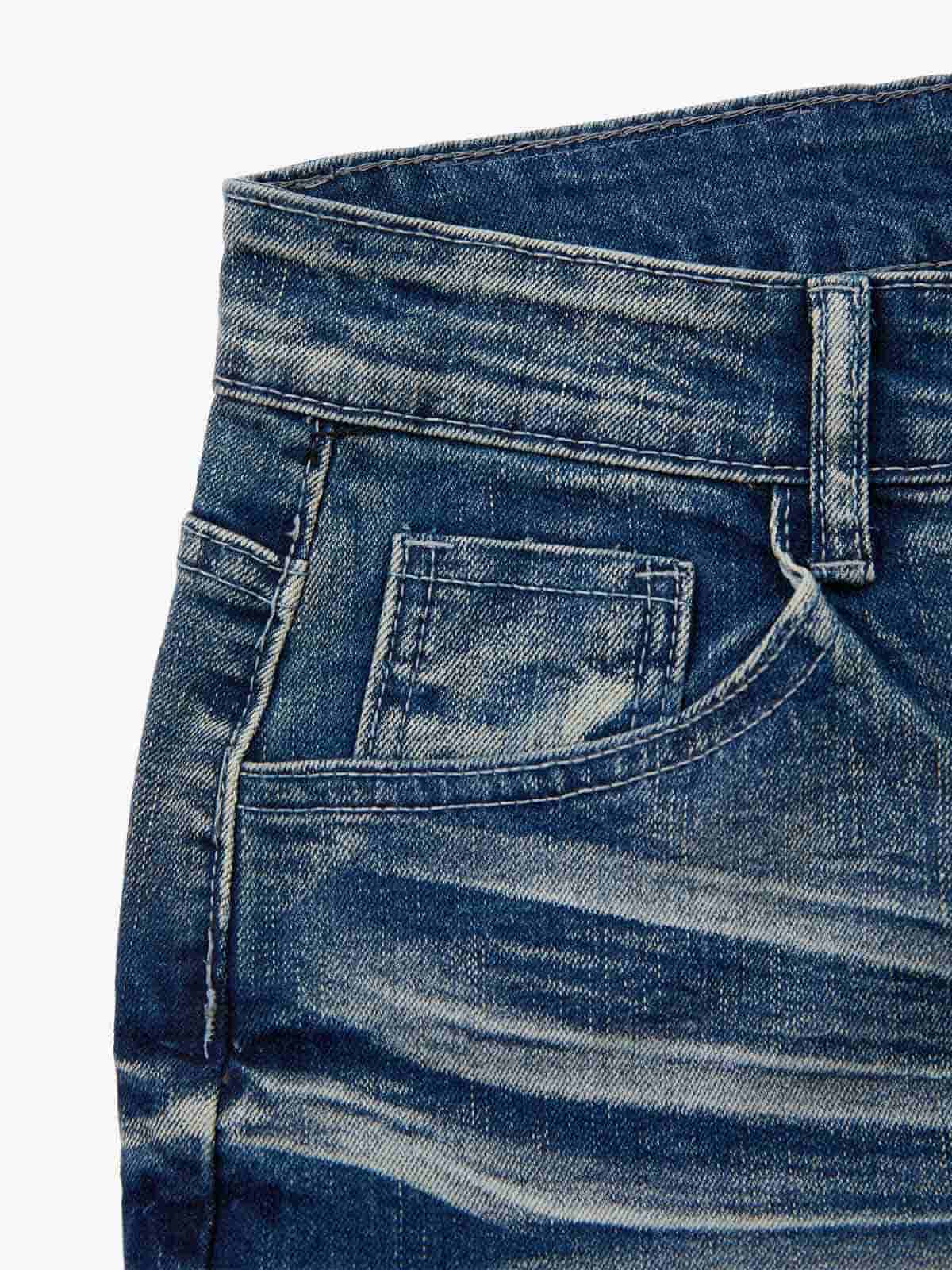 Vintage Distressed Button Fly Ruched Panel Flared Jeans