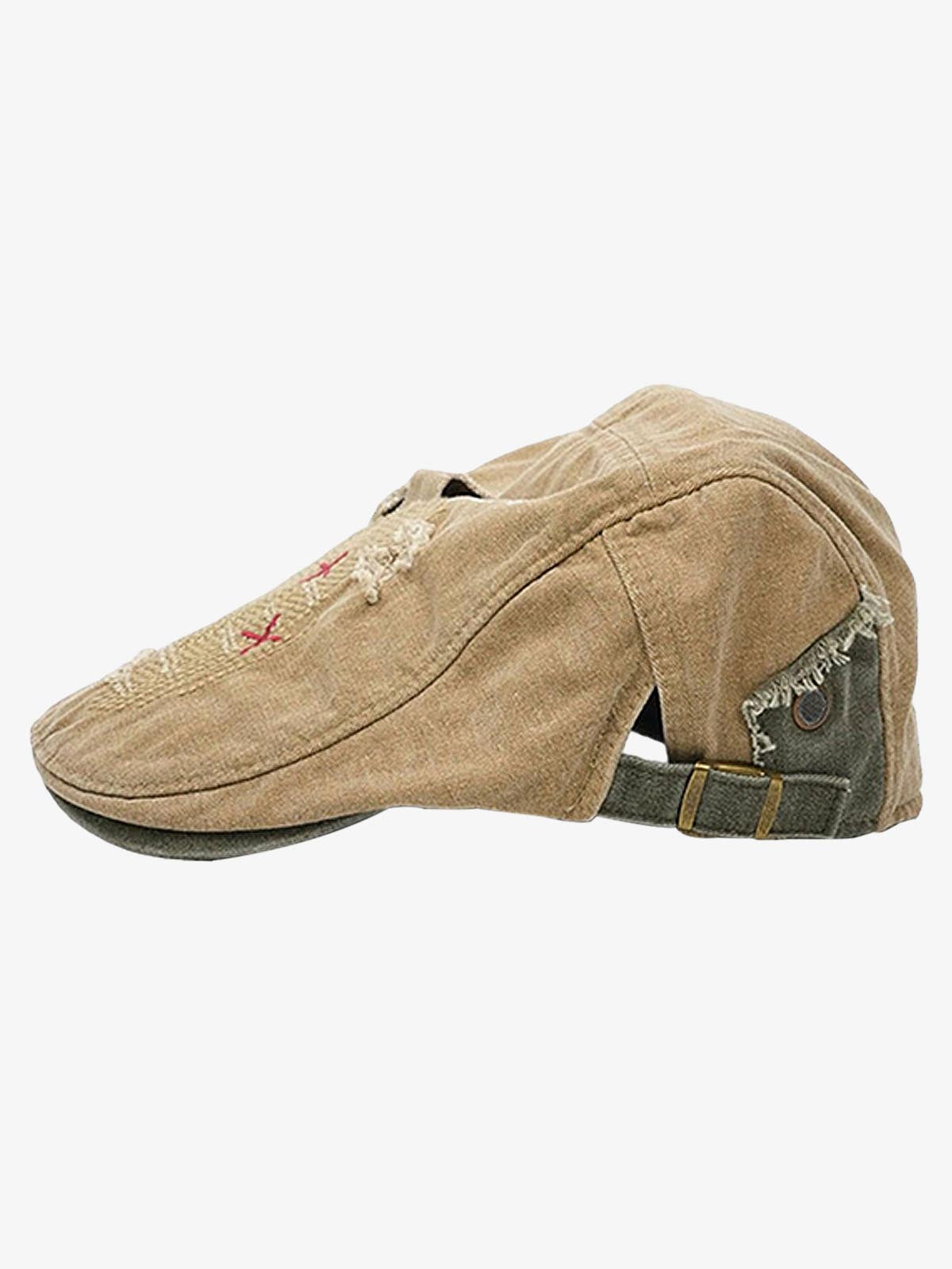 Distressed Patchwork Embroidered Cotton Flat Cap