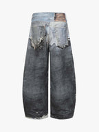Distressed Patchwork Wide Leg Washed Denim Jeans