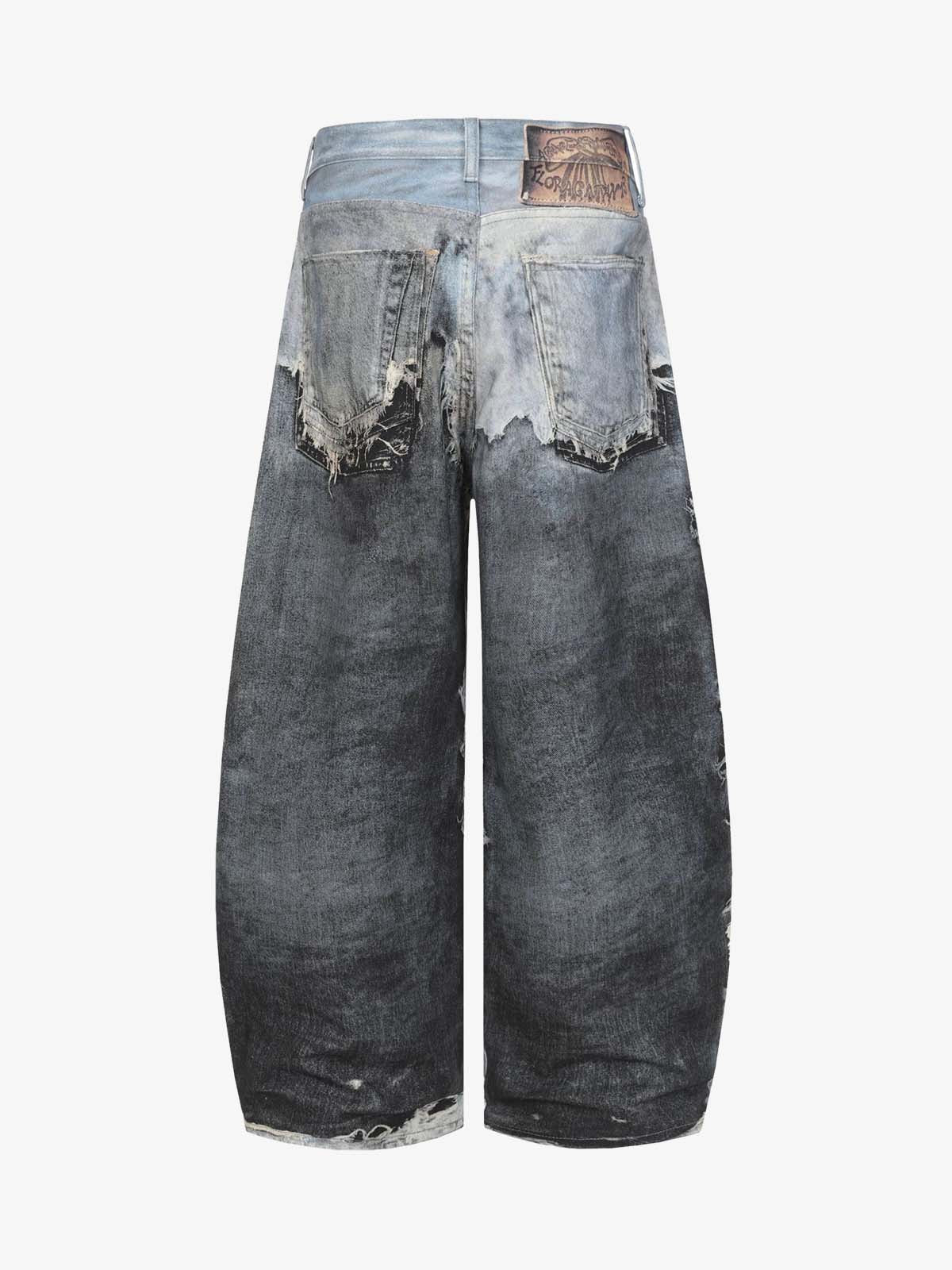 Distressed Patchwork Wide Leg Washed Denim Jeans