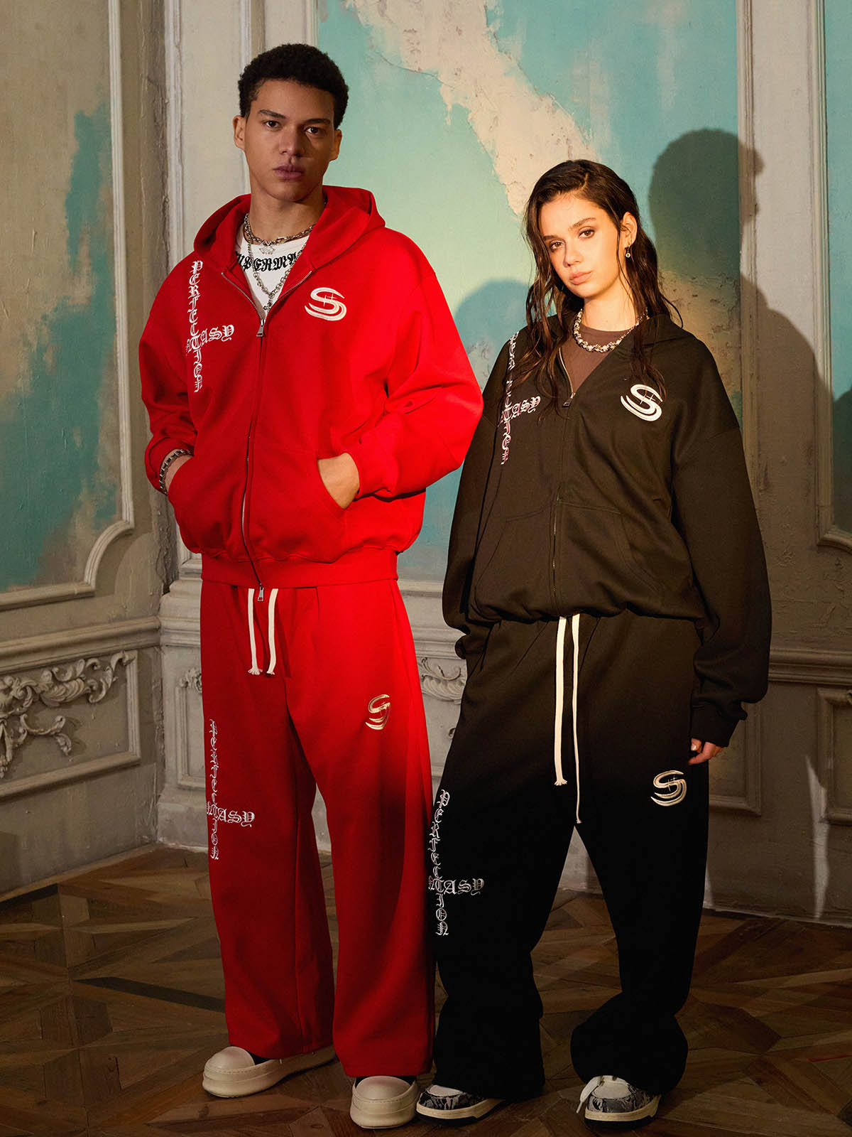 Gothic Letter Cross Embroidery Zip Up Hoodie and Sweatpants Set