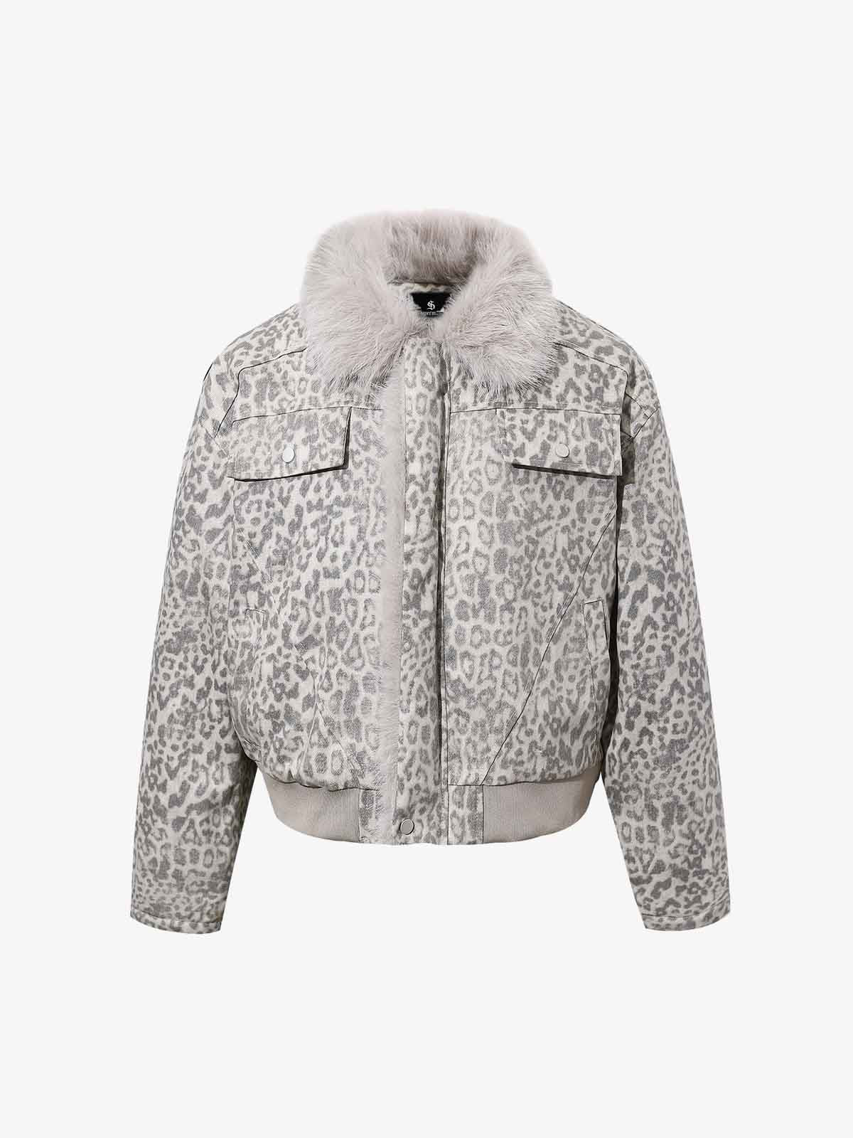 Vintage Leopard Fleece Faux Fur Collar Panel Trim Padded Jacket