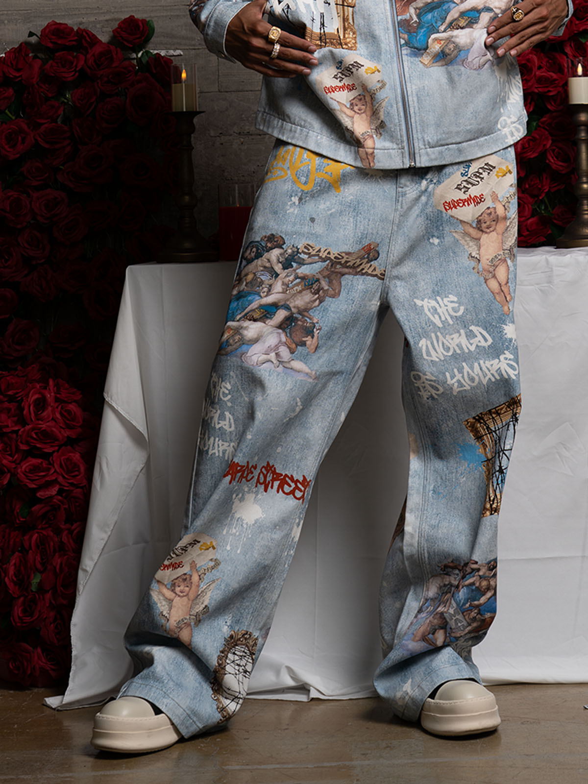 Retro Artistic Graffiti Angelic Prints Baggy Jeans - 2574