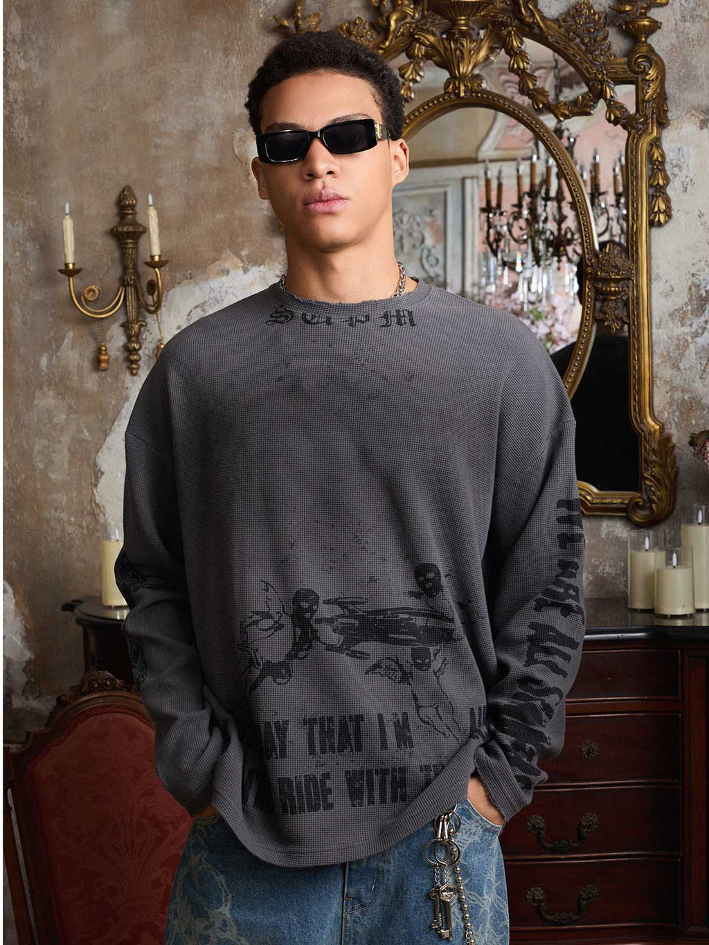 Waffle-Knit Distressed Gradient Print Long T-Shirt