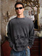 Waffle-Knit Distressed Gradient Print Long T-Shirt
