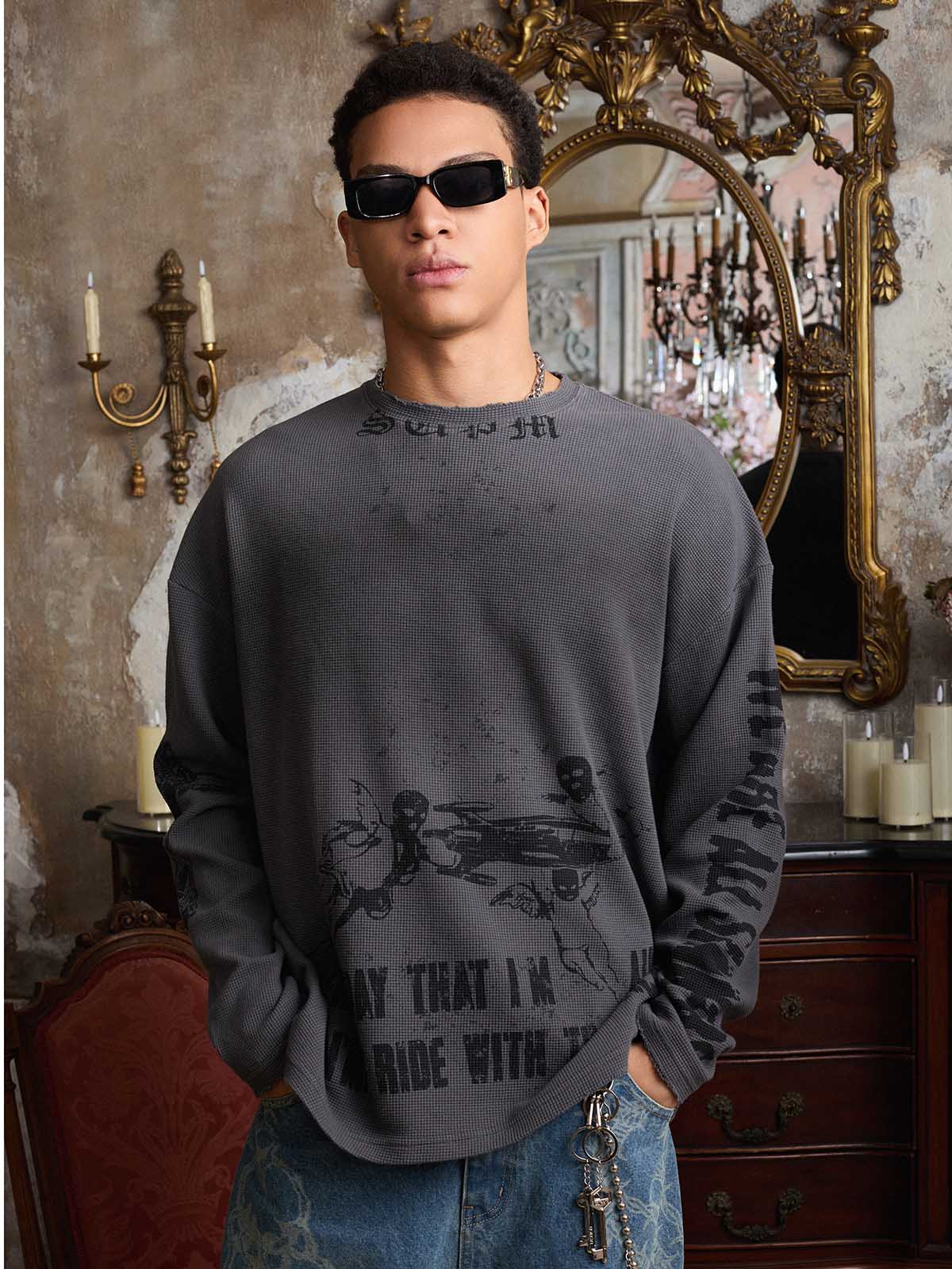 Waffle-Knit Distressed Gradient Print Long T-Shirt