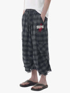 Plaid Linen-Blend Distressed Cargo Cropped Pants