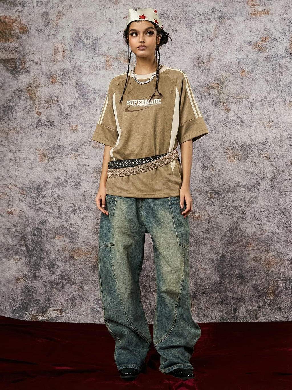 Suede Contrast Color Spliced Letter Embroidery Oversize T-shirt - 2462