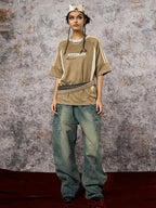 Suede Contrast Color Spliced Letter Embroidery Oversize T-shirt - 2462