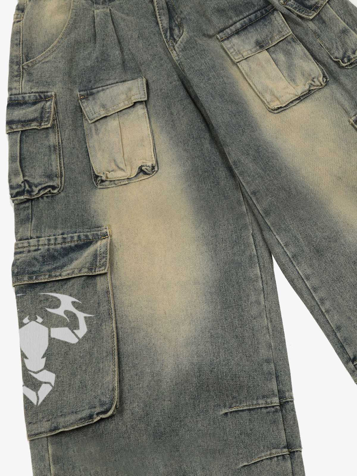 Washed Scorpion Print Multi Pocket Cargo Pants
