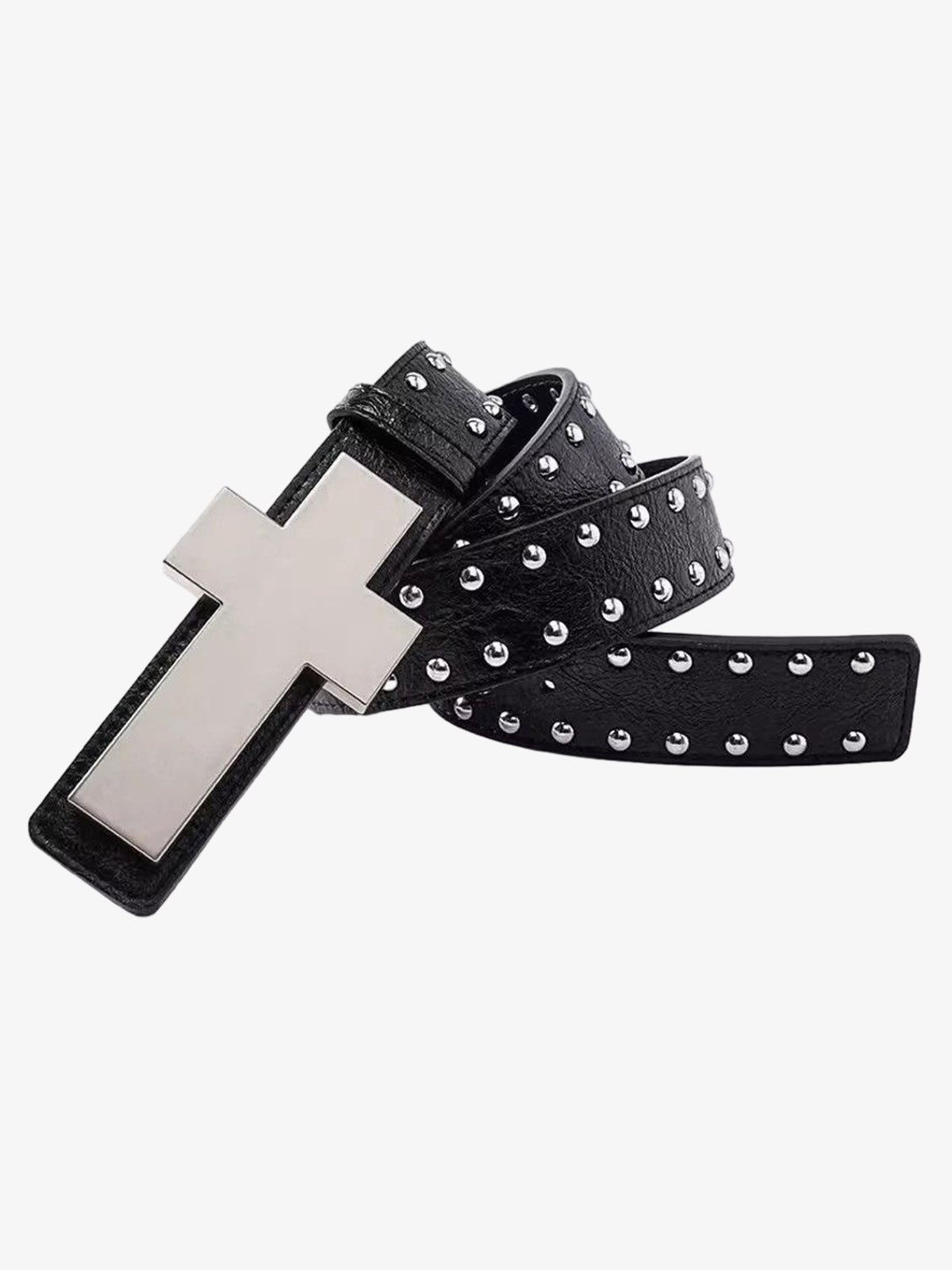 Cross Buckle Studded Black Leather Belt
