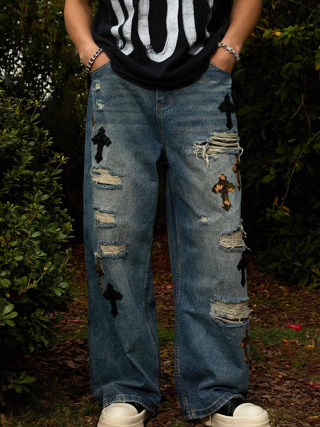 Vintage Wash Camo Cross Applique Distressed Straight Jeans